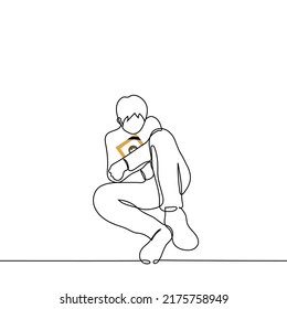 Man Lay Down In An Embrace With A Pillow - One Line Drawing Vector. Concept Of Being Sad Alone, Missing Someone, Depression, Grief