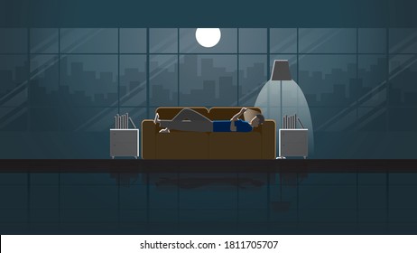 A man lay down on sofa and use smart phone stay in house. Alone in the dark and light from full moon and lamp. Lonely people city lifestyle relaxing after work. Idea illustration vector concept scene.