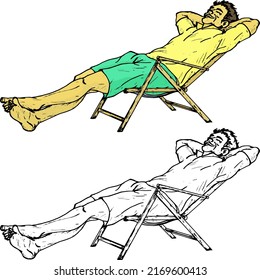 Man lay down to rest on a deck chair, isolated against white. Hand drawn vector illustration.