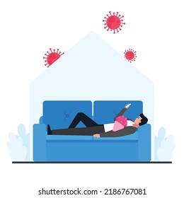 Man lay on sofa and hold phone with a flower bucket while virus around