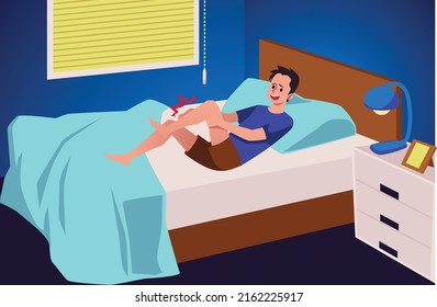 Man laying in bed in pain, character suffering from leg numb, flat vector illustration. Person holds his leg with sharp muscle cramp during the night. Body disorder.