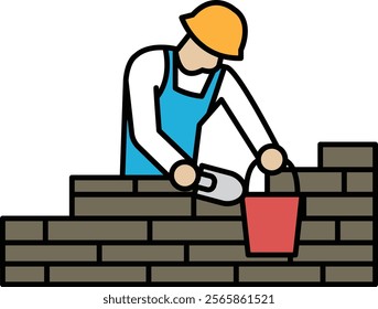 A man is laying bricks and using a bucket to hold the mortar. Concept of hard work and dedication to the task at hand