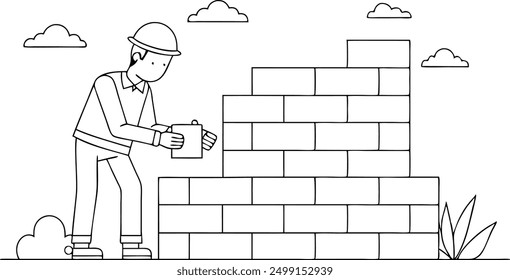 A man is laying bricks in a wall. The man is wearing a hard hat and a shirt. The bricks are being laid in a pattern