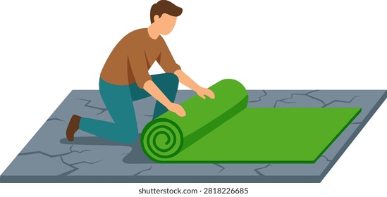 Man laying down green artificial turf over cracked pavement. Flat illustration of a man unrolling bright green grass over a damaged grey floor. Ideal for home improvement blogs or garden renovation service advertisements.