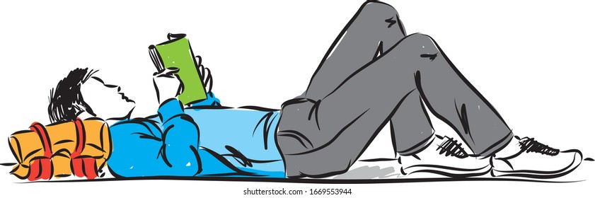 man laying down reading book vector illustration