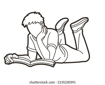 A Man Laying Down and Reading Book People Learning Cartoon Graphic Vector