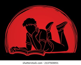 A Man Laying Down and Reading A Book People Learning Cartoon Graphic Vector