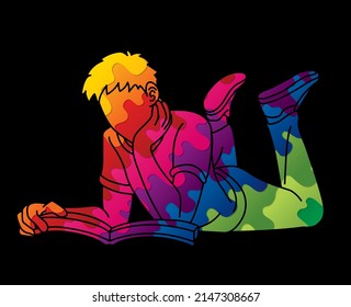 A Man Laying Down and Reading A Book People Learning Cartoon Graphic Vector