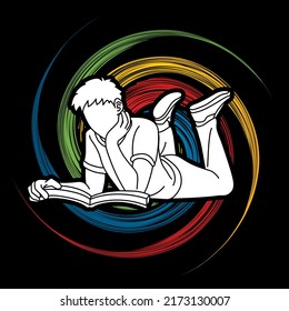 A Man Laying Down and Reading A Book People Learning Cartoon Graphic Vector