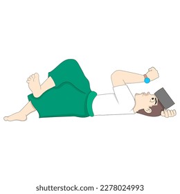 Man is laying down while looking at his watch waiting for the time to break his fast. vector design illustration art