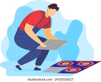 Man laying electric underfloor heating. Handyman installing heating system. Home improvement and renovation vector illustration.