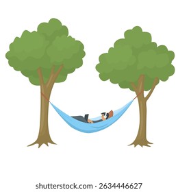 Hombre tendido en una hamaca bajo los árboles y trabajando en una computadora portátil. Ilustración aislada del Vector del color en estilo plano.	
