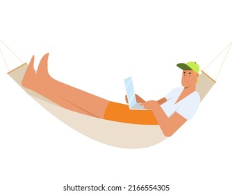 Man laying in hammock, working on laptop, remote work concept. Flat vector illustration isolated on white background