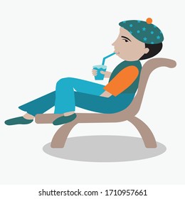 A man is laying on the bench and drinking some water who wearing a hat on soft background.