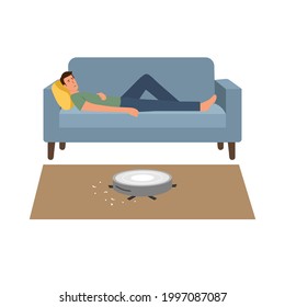 Man  laying on comfortable sofa. Boy sleeping on the couch, robot vacuum cleaner works. Modern wireless equipment for cleaning the apartment.Cleaning concept.Vector illustration