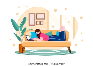 Man Laying on the couch and doing work on a laptop Illustration concept on white background