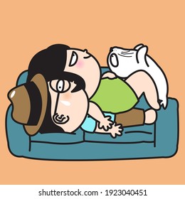 A Man Laying On Couch With His Wife And Little White Seal Concept Card Character illustration