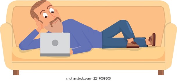 Hombre sentado en el sofá con portátil. La persona de la caricatura descansando