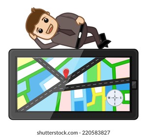 Man Laying on GPS Map Navigation Device - Cartoon Vector
