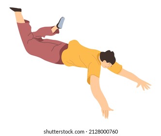 Man laying on ground in pain or unconsciousness, isolated male character fell down stretched hands in front of him and raised legs up. Accident or unexpected fall, stumbling and slippery road. Vector