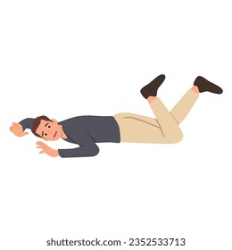 Man laying on ground in pain or unconsciousness, isolated male character fell down stretched hands in front of him and raised legs up. Accident or unexpected fall. Flat vector illustration