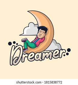 Man laying on the moon with thinking position and two clouds background with Dreamer text flat illustration vector art design, uses for ornaments, tshirt and stickers