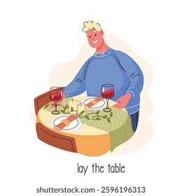 Man laying table cartoon scene. Funny male character holding glass of red wine to lay and put on table with plates, candles and napkin. Prepare for romantic dinner cartoon action vector illustration