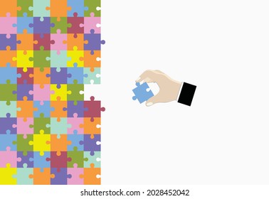 Man lays down a piece of the puzzle and finishes work. Vector.