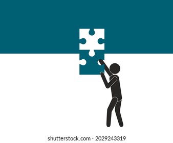 Man lays down a piece of the puzzle and finishes work. Vector.
