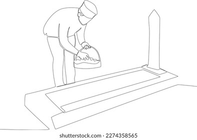 A man lays flowers at his mother's funeral  One line drawing