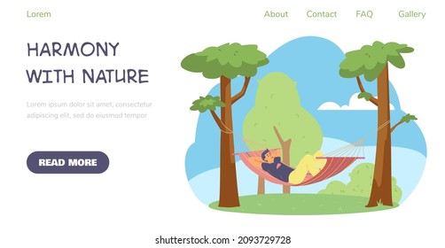 Man lays in hammock between trees, landing page template flat vector illustration on white. Concept of harmony with nature. Hammock in garden for swinging, relaxing or sleeping.