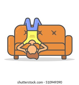 Man lazy on couch in room flat style. Vector character on sofa line illustration.