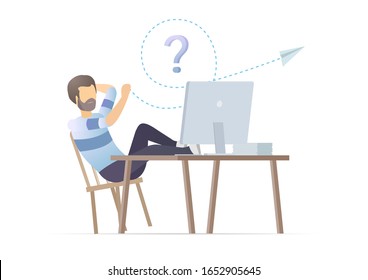 Man lazy at work, delaying work in office. Worker relaxes leaning back in his chair. Manager immersed in dreams in the workplace. Relaxing and launching a paper airplane. Vector illustration.