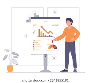 Man lead presentation concept. Young guy stands next to graphs and charts. Poster or banner for website. Infographics and analytics, marketing research metaphor. Cartoon flat vector illustration