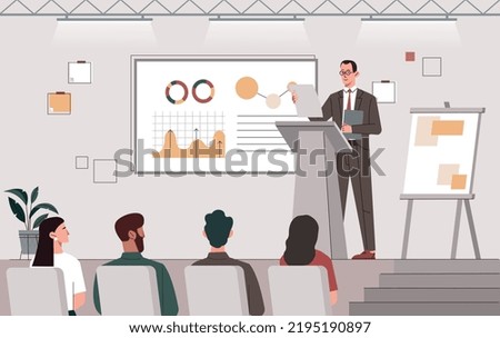 Man lead seminar. Public speaking, character in front of audience. Professor leads lecture, presentation with graphs and diagrams. University or company orator. Cartoon flat vector illustration