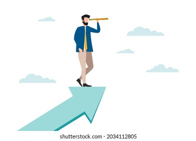 Man leader with power business vision, man visionary to see business opportunity concept, success businessman standing on top of rising arrow with telescope or spyglass to see future vision. Vector