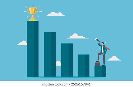 Man leader sees opportunities for success in business. Man climbs steps to gold trophy using a telescope. Suitable for motivation, success, achievement, and aspiration concepts