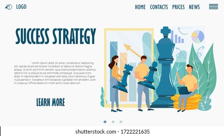 Man leader sitting with laptop on coins, near character man and woman with chess figures landing page, web template in vector design. Business strategy, success concept graphic illustration.