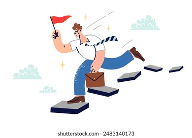 Man leader strives to achieve business goals and professional success, running along steps high in sky. Salesman guy with flag in hand takes risks to become leader among sales department employees.