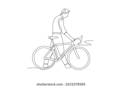 Homem levando uma bicicleta. Desenho de uma linha do conceito do dia mundial da bicicleta