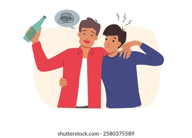 Man is leading drunk friend with bottle in hand, helping him get home after party. Guy accompanies drunk friend who is addicted to beer or vodka and suffers from lack of willpower.