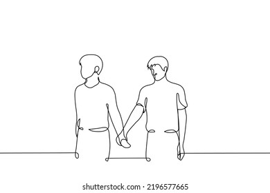 man leading his friend by the hand - one line drawing vector. the concept of a man dominates grabbing his hand and directing him