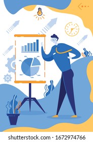 Man Leading Presentation Flat Cartoon Vector Illustration. Man in Suit with Pointing on Bars, Graphs and Charts. Successful Male Character Presenting Diagram. Office Worker Standing near Board.