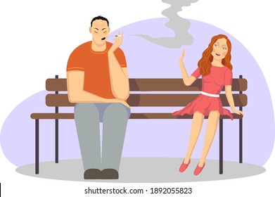 A man leading an unhealthy lifestyle, smokes in the presence of a non-smoking girl.