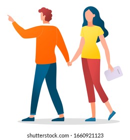 Man leading woman and pointing in direction. Crowdfunding and referring friend, isolated characters. Manager and boss with document paper. Teamwork of people personages, vector in flat style