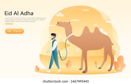 a man leads a camel to be sacrificed, concepts of plants, nature deserts, sky, clouds. for landing page, banner, website, homepage, home, layout, ui, apps. flat vector cartoon illustration eid al adha