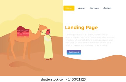 a man leads a camel in the desert on landing page