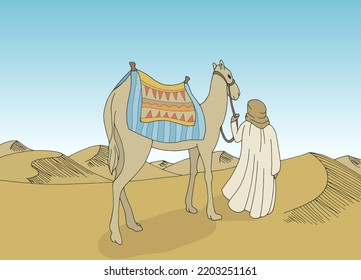 Man leads a camel through the desert graphic color landscape sketch illustration vector