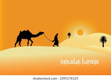 A man leads a camel through the desert, the sun setting behind a palm tree. Illustration for Islamic Great Festival.