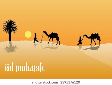 A man leads a camel through the desert, the sun setting behind a palm tree. Illustration for Islamic Great Festival.